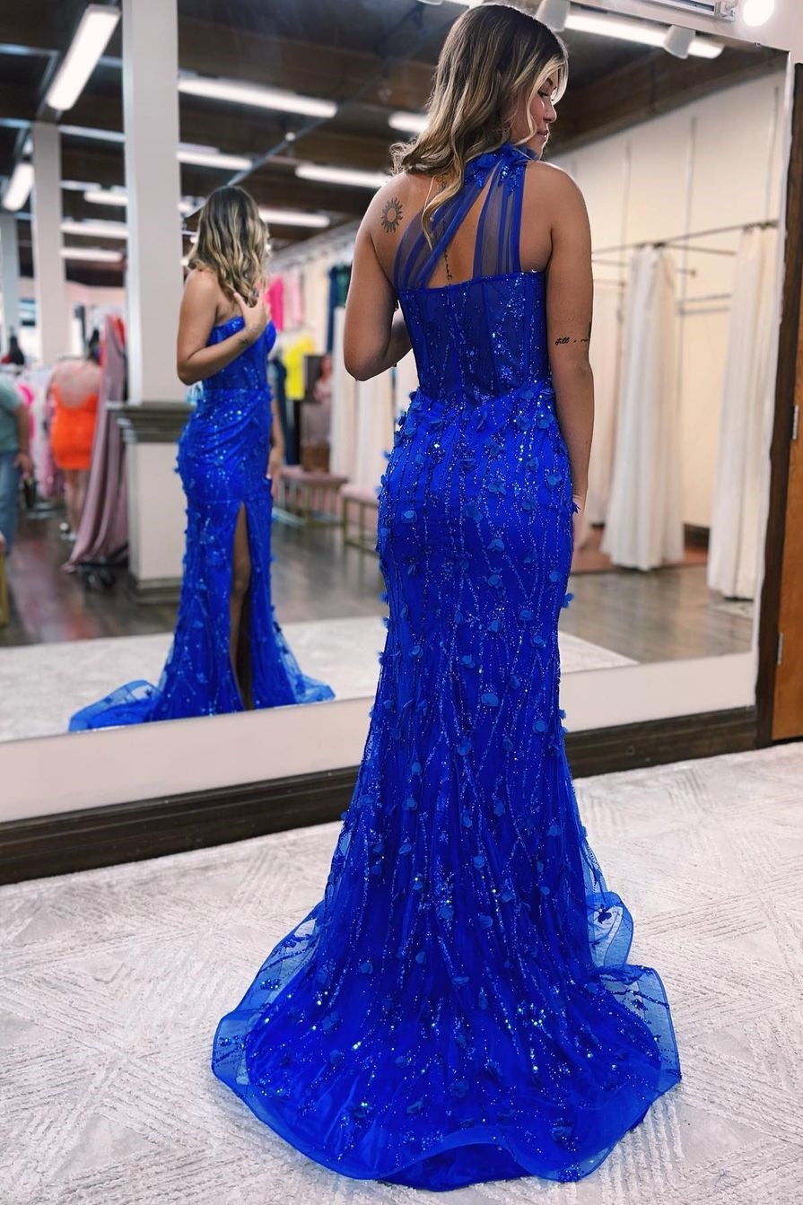 Elegant Royal Blue One Shoulder Mermaid Lace Prom Dress With Slit-misshow.com