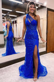 Elegant Royal Blue One Shoulder Mermaid Lace Prom Dress With Slit