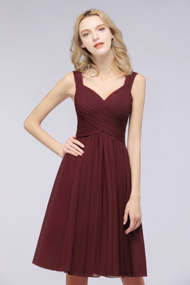 MISSHOW offers Elegant Ruffles Straps Short Prom Dresses, A-Line Sleeveless Knee Length Evening Dresses at a good price from 100D Chiffon to A-line Knee-length them. Lightweight yet affordable home,beach,swimming useBridesmaid Dresses.