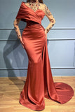 Elegant Russet One Shoulder Stretch Satin Prom Dress with Ruffles