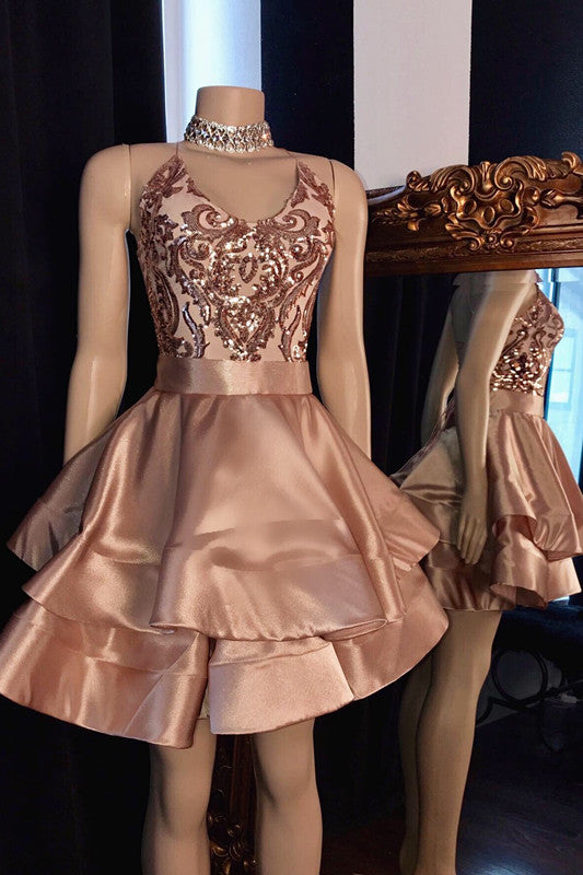 Elegant Satin Spaghetti Strap Sleeveless Mini Prom Dress-misshow.com