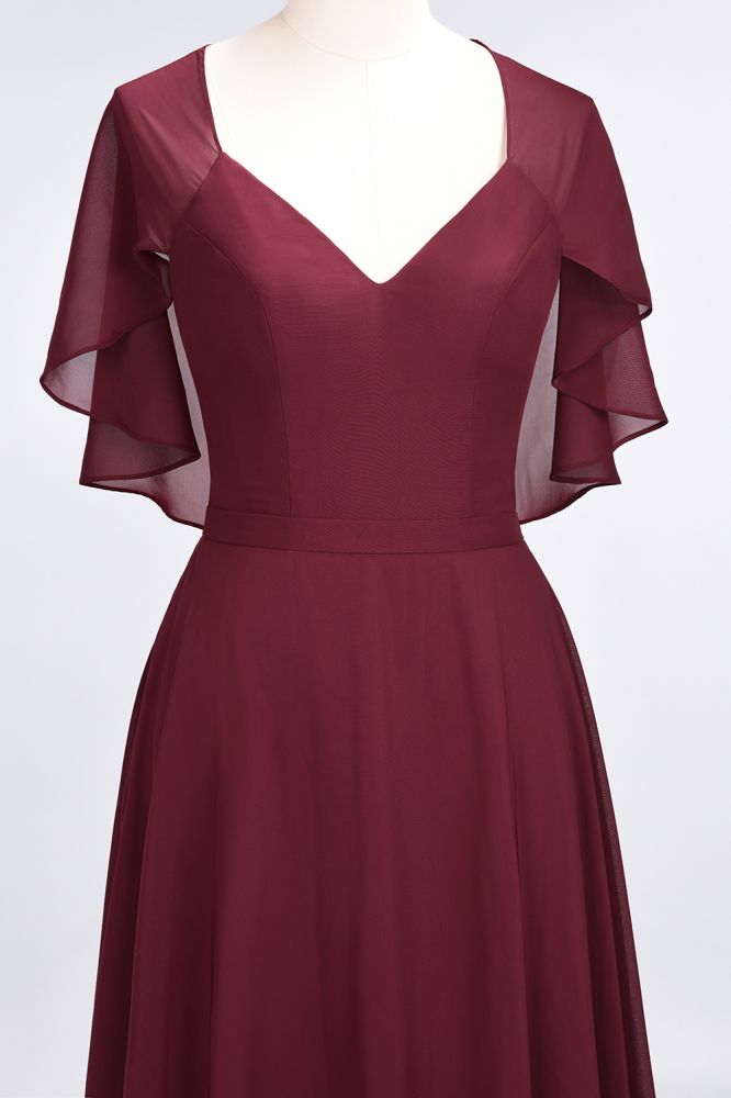 Elegant Satin V-Neck Short Sleeve Princess Bridesmaid Dress Ruffle Chiffon Wedding Guest Dress | MisShow Elegant Satin V-Neck Short Sleeve Princess Bridesmaid Dress Ruffle Chiffon Wedding Guest Dress | MisShow