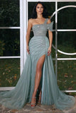 Elegant Sequined One Shoulder Long Mermaid Prom Dress With Slit-misshow.com