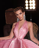 Elegant Short Pink Halter V-neck Sleeveless Prom Dress With Glitter-misshow.com