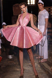Elegant Short Pink Halter V-neck Sleeveless Prom Dress With Glitter