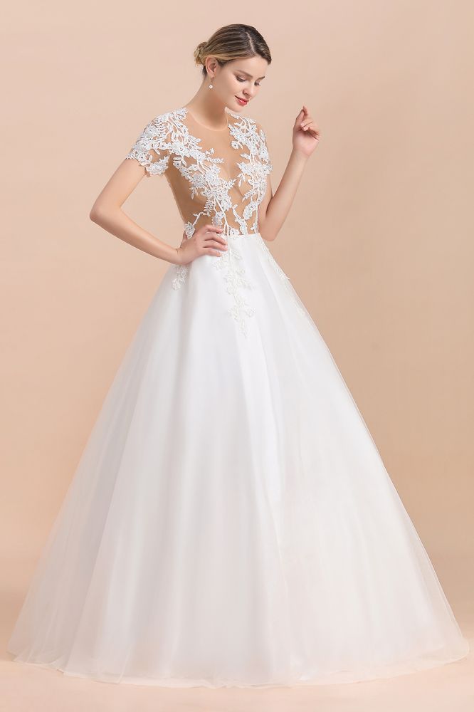 This elegant Jewel Satin,Tulle wedding dress with Pearls could be custom made in plus size for curvy women. Plus size Short Sleeves A-line bridal gowns are classic yet cheap.