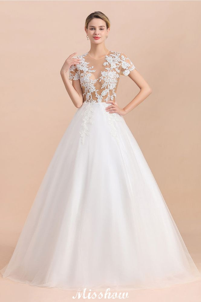 This elegant Jewel Satin,Tulle wedding dress with Pearls could be custom made in plus size for curvy women. Plus size Short Sleeves A-line bridal gowns are classic yet cheap.