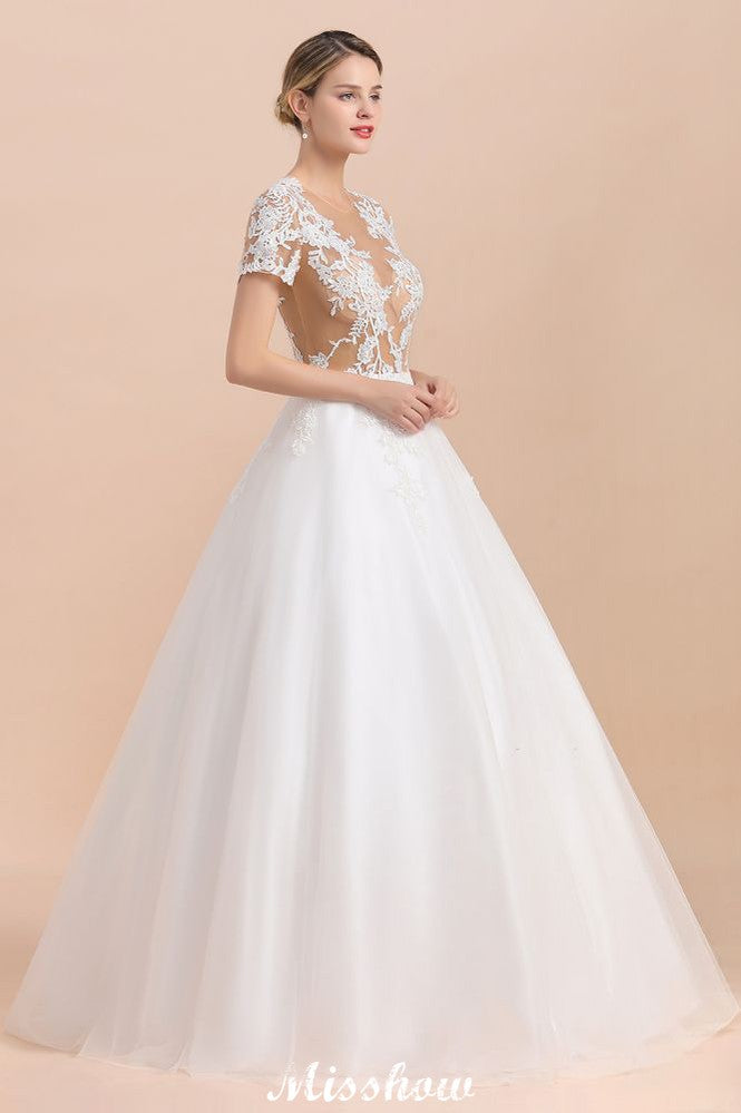 This elegant Jewel Satin,Tulle wedding dress with Pearls could be custom made in plus size for curvy women. Plus size Short Sleeves A-line bridal gowns are classic yet cheap.