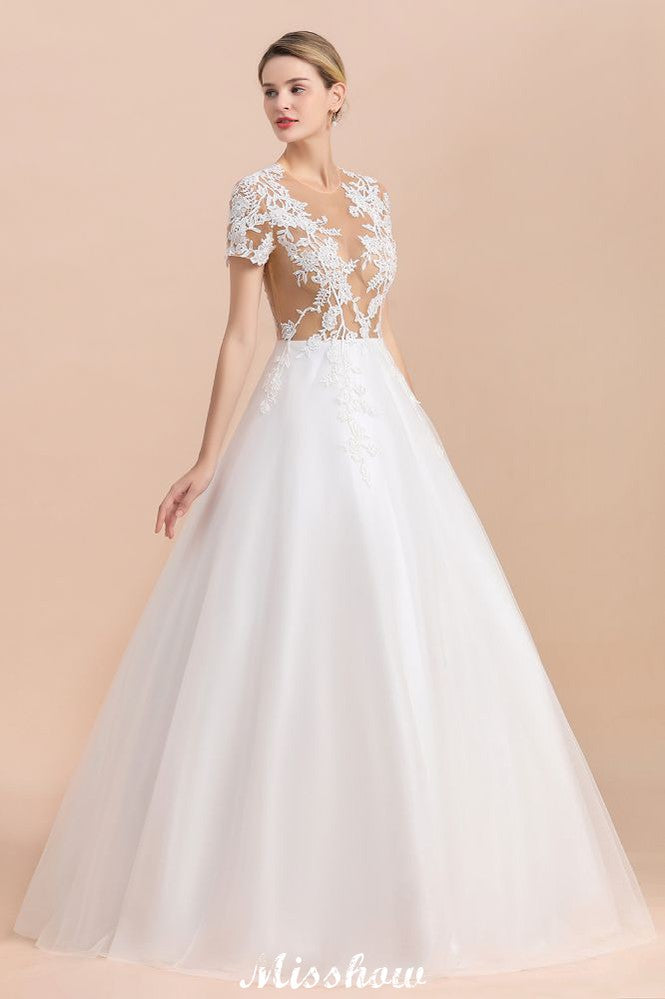 This elegant Jewel Satin,Tulle wedding dress with Pearls could be custom made in plus size for curvy women. Plus size Short Sleeves A-line bridal gowns are classic yet cheap.