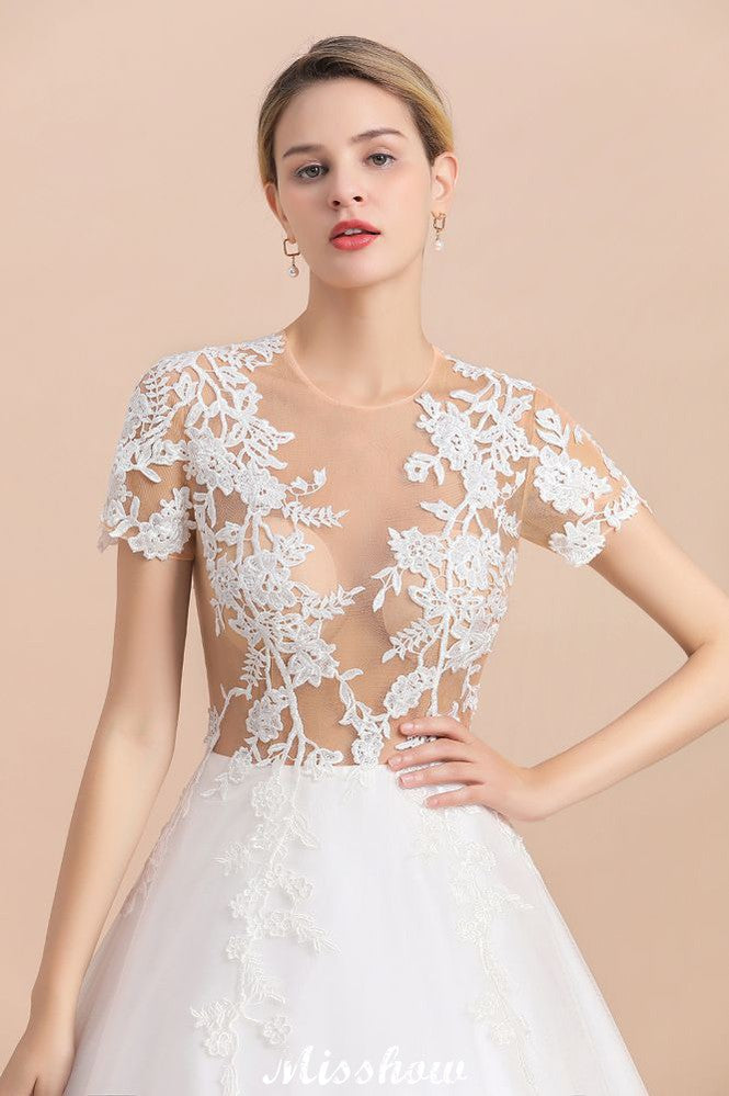 This elegant Jewel Satin,Tulle wedding dress with Pearls could be custom made in plus size for curvy women. Plus size Short Sleeves A-line bridal gowns are classic yet cheap.