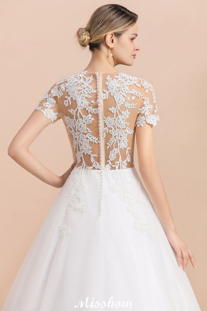 This elegant Jewel Satin,Tulle wedding dress with Pearls could be custom made in plus size for curvy women. Plus size Short Sleeves A-line bridal gowns are classic yet cheap.