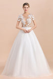Elegantes Kurzarm-Ballkleid-Weiß-Spitze-Applikationen-Hochzeitskleid