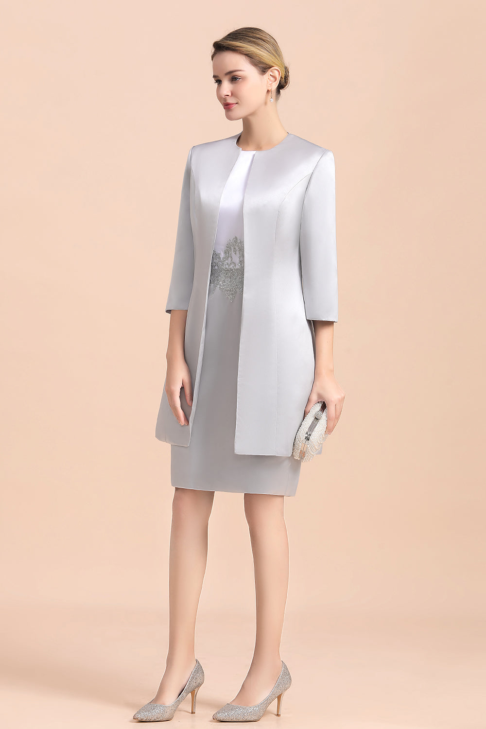 party grey dress Elegant Silver Short Mother Of the Bride Dress Knee-Length Wedding Party Gowns