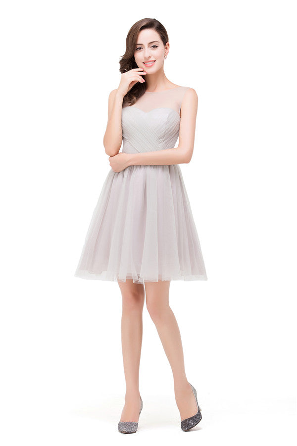 Elegant Silver A-line Mini Crew Bridesmaid Dresses | MISSHOW Elegant Silver A-line Mini Crew Bridesmaid Dresses | MISSHOW