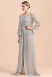 Elegant Silver Lace Top Chiffon Mother of Bride Jumpsuit Online with Wrap-misshow.com