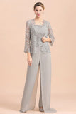 Elegant Silver Lace Top Chiffon Mother of Bride Jumpsuit Online with Wrap
