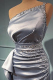 Elegant Silver Long Glitter One Shoulder Sleeveless Sequined Evening Dresses-misshow.com