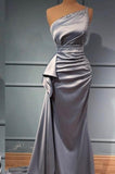 Elegant Silver Long Glitter One Shoulder Sleeveless Sequined Evening Dresses