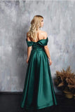 Elegant Simple Long Dark A-line Off-the-shoulder Sleeveless Green Prom Dresses With Slit-misshow.com