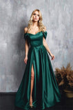 Elegant Simple Long Dark A-line Off-the-shoulder Sleeveless Green Prom Dresses With Slit-misshow.com