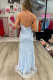Elegant Sky Blue Sequined Spaghetti Straps backless Prom Dress With Slit-misshow.com