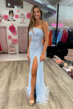 Elegant Sky Blue Sequined Spaghetti Straps backless Prom Dress With Slit