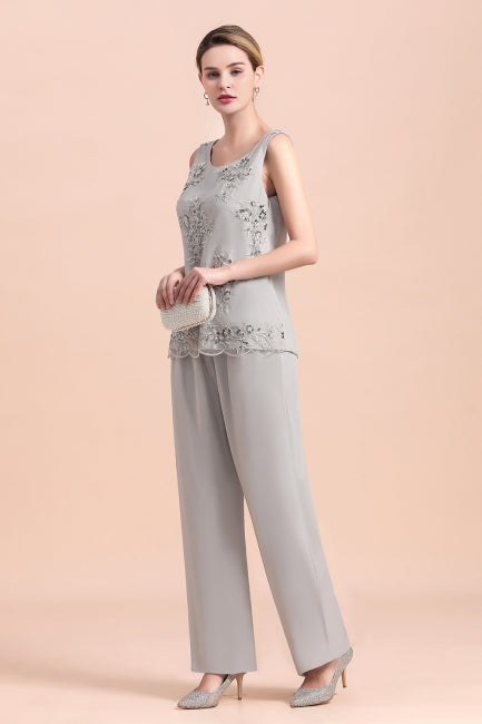 Elegant Sleeveless Appliques Silver Chiffon Mother of Bride Jumpsuit with Wrap-misshow.com
