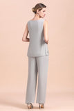 Elegant Sleeveless Appliques Silver Chiffon Mother of Bride Jumpsuit with Wrap-misshow.com