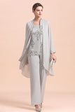 Elegant Sleeveless Appliques Silver Chiffon Mother of Bride Jumpsuit with Wrap