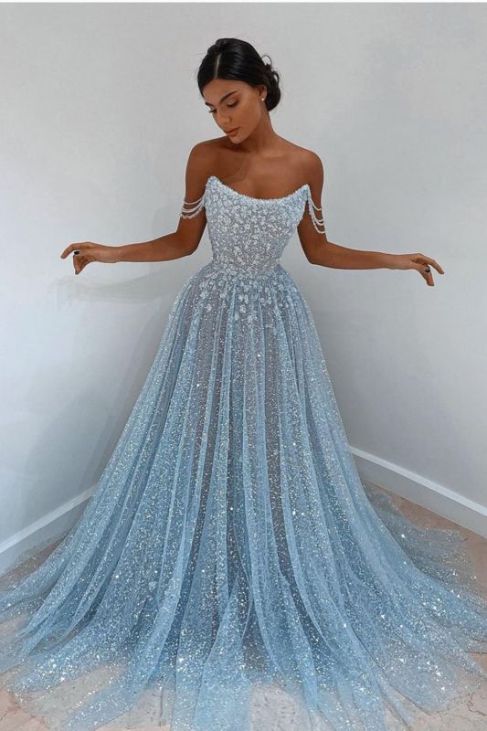 Elegant Sleeveless Blue Lace Prom Evening Dresses Long-misshow.com