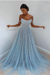 Elegant Sleeveless Blue Lace Prom Evening Dresses Long-misshow.com