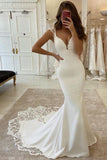 Elegant Sleeveless Satin Ivory Lace Mermaid Wedding Dresses