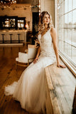 Elegant Sleeveless Straps V-neck A-Line Tulle Wedding Dress with Ruffles-misshow.com