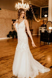 Elegant Sleeveless Straps V-neck A-Line Tulle Wedding Dress with Ruffles-misshow.com