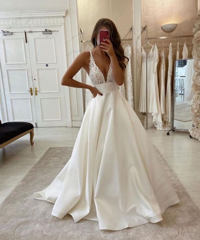 Elegant Sleeveless Tulle Backless A-Line Wedding Dresses With Lace-misshow.com