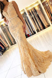 Elegant Sleeveless V-Neck Mermaid Evening Dress with Lace Appliques-misshow.com