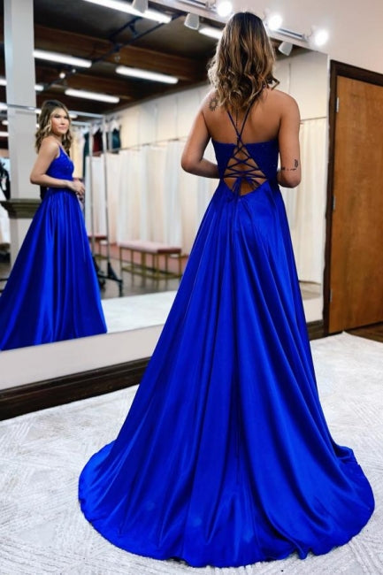 Elegant Spaghetti Straps A-Line Prom Dresses Evening Gowns With Slit-misshow.com