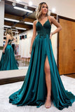Elegant Spaghetti Straps A-Line Prom Dresses Evening Gowns With Slit