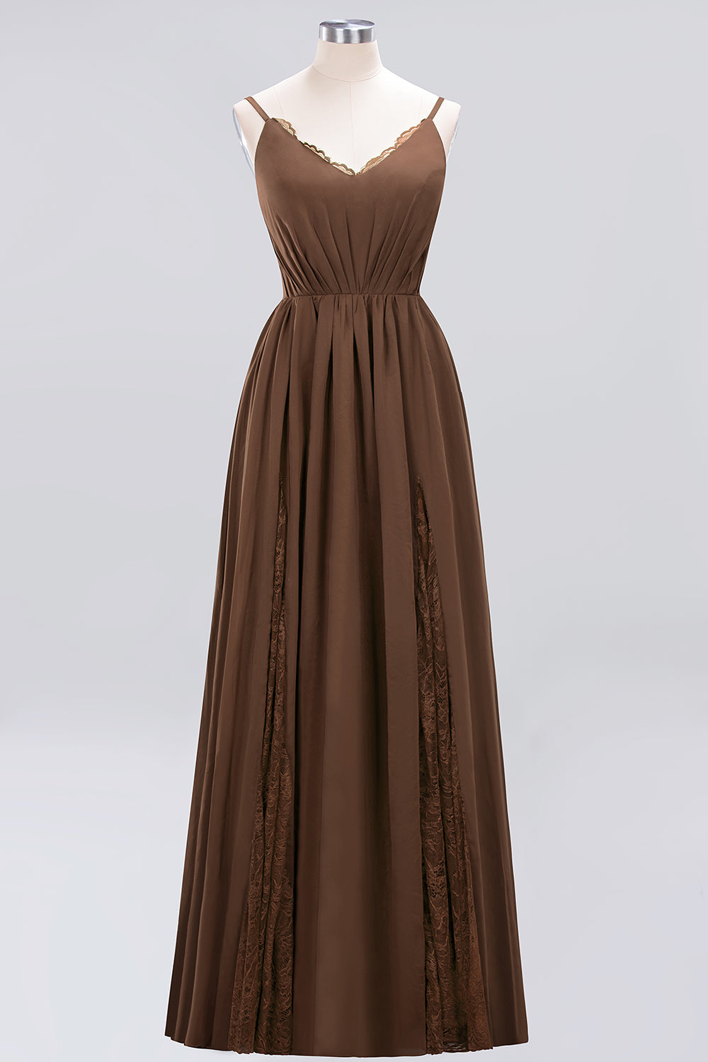 Elegant Spaghetti Straps Long Bridesmaid Dresses Lace V-Neck Maid of Honor Dress