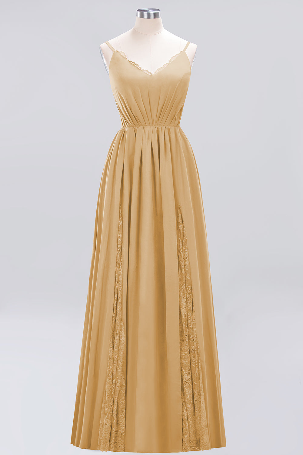 Elegant Spaghetti Straps Long Bridesmaid Dresses Lace V-Neck Maid of Honor Dress