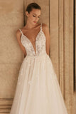 Elegant spaghetti straps sleeveless a-line lace Wedding Dresses-misshow.com