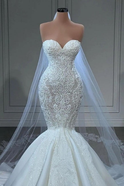 Elegant Strapless Sleeveless Mermaid Satin Floor-Length Wedding Dresses with Lace-misshow.com