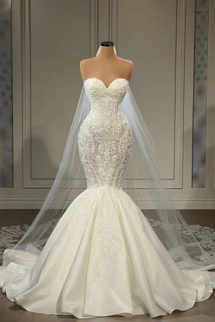 Elegant Strapless Sleeveless Mermaid Satin Floor-Length Wedding Dresses with Lace-misshow.com