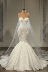 Elegant Strapless Sleeveless Mermaid Satin Floor-Length Wedding Dresses with Lace-misshow.com