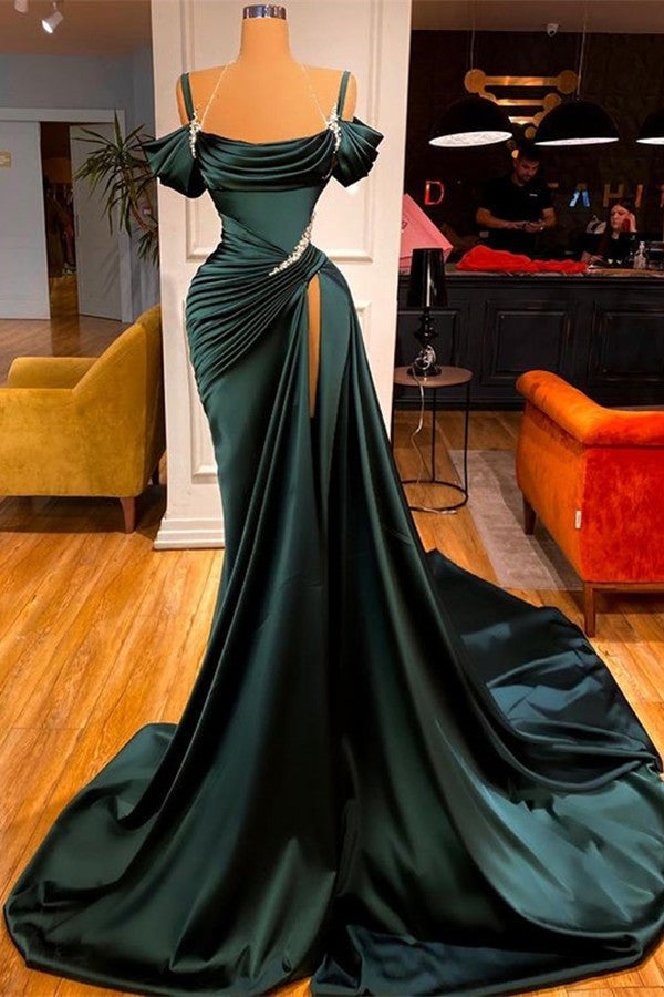 Elegant Stunning Off-the-Shoulder Mermaid Prom Evening Dresses Ruffles With Split-misshow.com