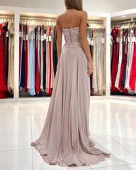 Elegant Sweetheart Appliques A-Line Ruffles Floor-length Prom Evening Dresses With Side Slit-misshow.com