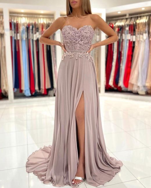 Elegant Sweetheart Appliques A-Line Ruffles Floor-length Prom Evening Dresses With Side Slit-misshow.com