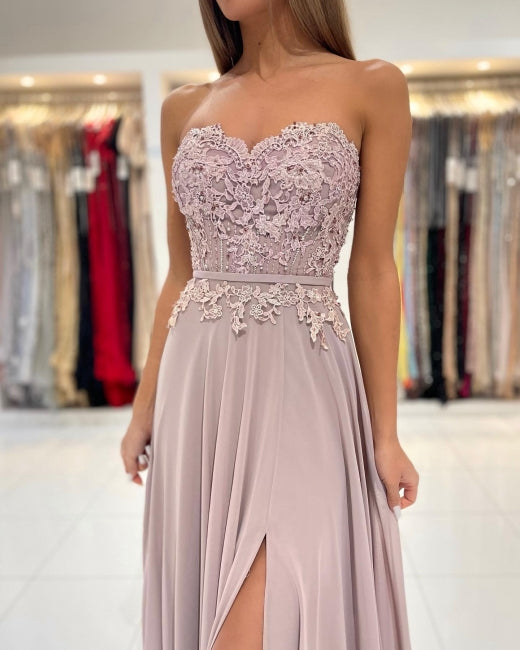 Elegant Sweetheart Appliques A-Line Ruffles Floor-length Prom Evening Dresses With Side Slit-misshow.com