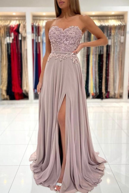 Elegant Sweetheart Appliques A-Line Ruffles Floor-length Prom Evening Dresses With Side Slit-misshow.com