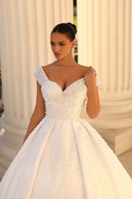 Elegant sweetheart cap sleeves ball gown satin wedding dress sequined-misshow.com